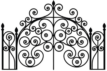 Ornate Black Iron Gate with Scrolls and Circles, Decorative Metalwork Design