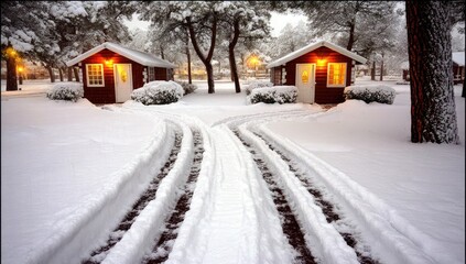 Two cozy red cabins nestled in snowy woods, illuminated by warm light, with a winding path leading to them