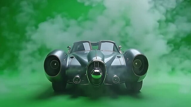 The futuristic vehicles exhaust system explodes steam blast scene repeatedly, all motion captured sharply on a solid green background.