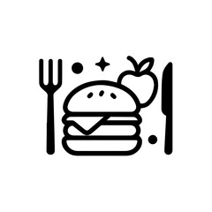 Simple Black Line Art Illustration of a Delicious Burger with Utensils.