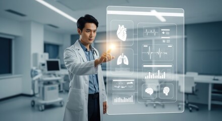Asian Doctor Navigating Futuristic Medical Interface with Organ Data for Advanced Healthcare