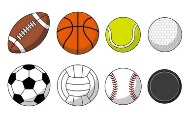Obraz premium Collection of eight different sports balls on white background American football basketball