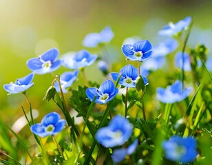 Close-up of delicate blue forget-me-not flowers blooming in a sunny meadow