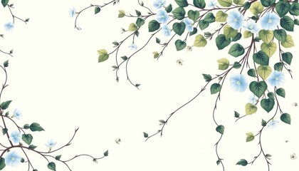 Vintage Floral Arrangement with Light Blue Morning Glories and Verdant Foliage