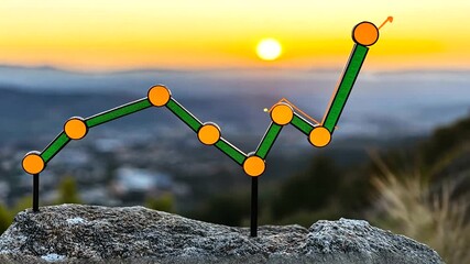 Animated Stock Market Chart Ascending on a Mountain Peak at Sunset Landscape - Powered by Adobe
