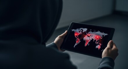Global Cyber Threat: Hacker Tracking Worldwide Network Attacks on Digital Tablet Device