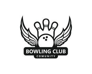 Creative bowling logo, winged bowling ball with pins forming a crown, black and white logo design inspiration