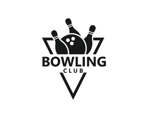 creative bowling logo, bowling ball and pins inside a triangle, black and white logo design inspiration