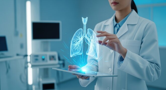 Innovative Lung Diagnosis: Doctor Using Tablet to Examine Hologram of Human Lungs in Modern Lab