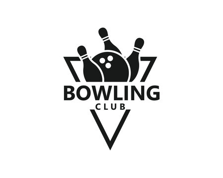 creative bowling logo, bowling ball and pins inside a triangle, black and white logo design inspiration
