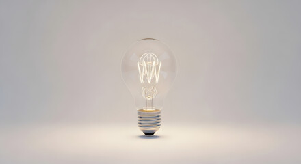 A glowing light bulb illuminates a plain, neutral background, showcasing its intricate filament.