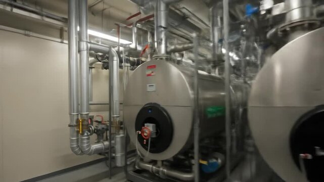 Industrial Boiler Room with Modern Equipment - A clean and well-maintained industrial boiler room features several large stainless steel boilers and intricate pipework.