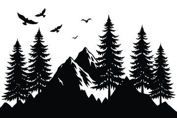 Obraz premium Silhouette Landscape with Mountains, Evergreen Trees, and Flying Birds Against a White Background