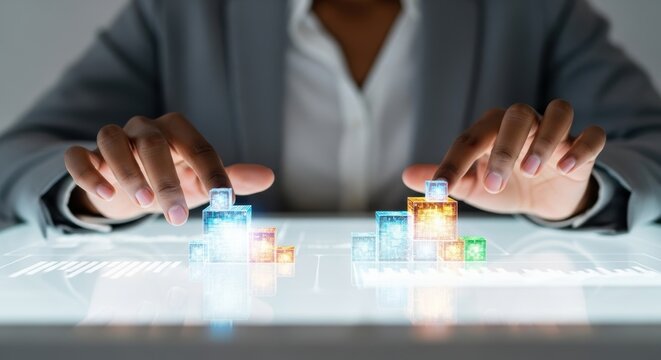 African American businesswoman uses holographic tech to analyze financial data and business growth.