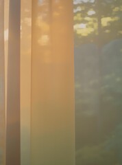 Warm golden sunlight filtered through semi-transparent curtains during a peaceful afternoon, with soft shadows of trees in the background, perfect for cozy interior design, natural lighting textures, 