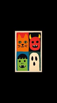 Monster faces, 2d animation, emoji characters, cute funny faces, cat, ghost, kids art, hand drawn retro video, colorful creatures