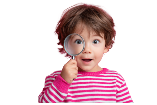 Excited Little Boy Looking Through Magnifying Glass on White Background
