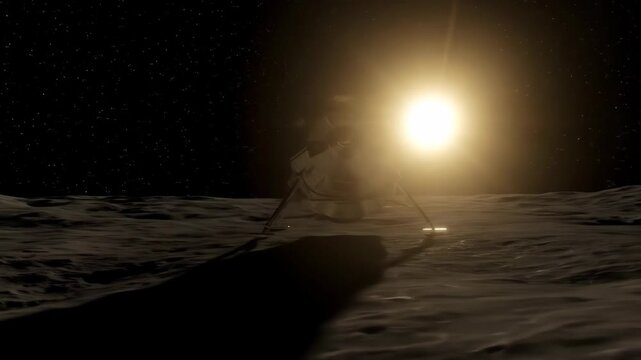 Lunar Lander on the Moon's Surface - This video depicts a futuristic lunar lander situated on the moon's surface, bathed in sunlight.