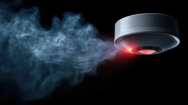 Fire alarm smoke trigger concept. Smoke detector with smoke and red light against a dark background.