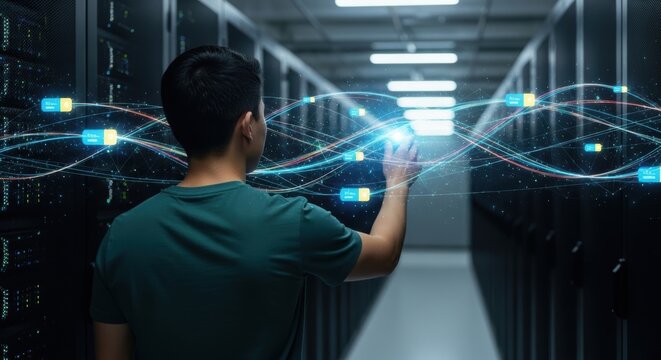 IT Engineer Oversees Data Flow and Server Performance in a High-Tech Data Center