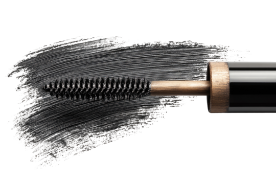 Close-up of black mascara wand with smudged product