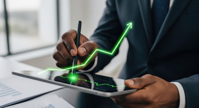 African American businessman analyzes financial data on tablet showing company growth.