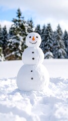 A cheerful snowman stands in a snowy landscape, with evergreen trees in the background under a bright sky
