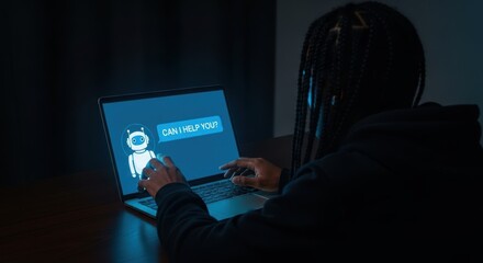 AI Chatbot Assistance: Person Engaging with Virtual Support on Laptop in Dark Room.