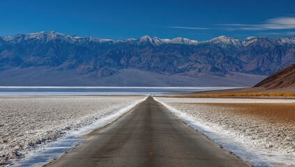 Empty road leading to snow-capped mountains over a vast, flat, salt lake