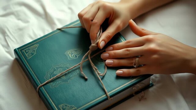 Hands gently hold a teal book bound with rustic twine Soft white bedding creates a warm inviting background for an intimate reading experience