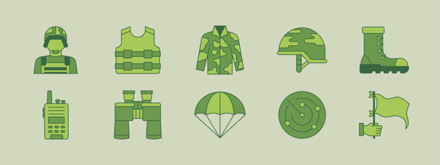Various kinds of military equipment. Military and war vector illustrations set. Flat vector illustrations packs.