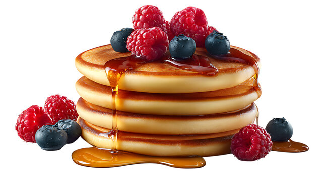 Stack of pancakes with berries and syrup isolated on transparent background