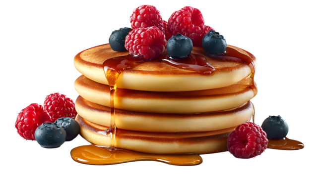 Stack of pancakes with berries and syrup isolated on transparent background