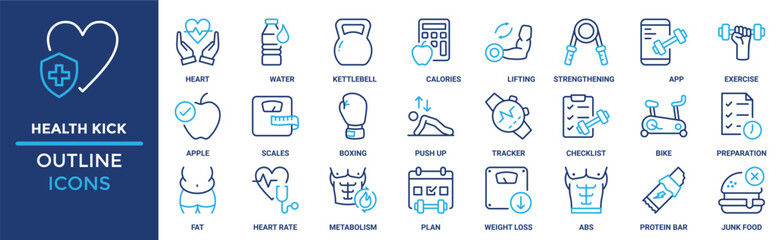 Health kick icon set. Containing heart, water, kettlebell, calories, lifting, strengthening, exercise and more. Solid vector icons collection