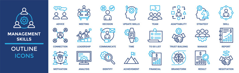 Management skills icon set. Containing advice, meeting, decision, update skills, team, adaptability, strategy and more. Solid vector icons collection