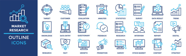 Market research icon set. Containing target, customer, evaluation, analysis, statistics, survey, data result and more. Solid vector icons collection