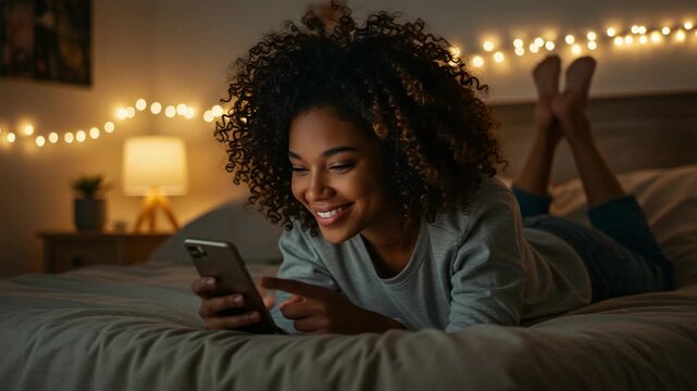 Young woman with curly hair relaxing in bed at night, using her smartphone with cozy string lights in the background
