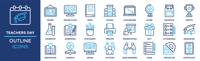 Teachers day icon set. Containing board, online class, book, school, chalkboard, globe, backpack and more. Solid vector icons collection