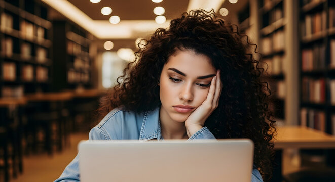 A tired young woman with curly hair looks bored while studying on her laptop in a library.