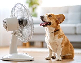 A dog sits panting, enjoying the cool breeze from a nearby fan