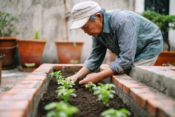 An elderly Asian man in a sun visor tends to small vegetable plants in a waist-high planter box on a quiet patio, enjoying a peaceful moment in nature