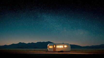 A Serene Vintage Caravan Under a Starry Night Sky Amidst Majestic Mountains, Capturing the Essence of Tranquility and Adventure in Nature's Embrace