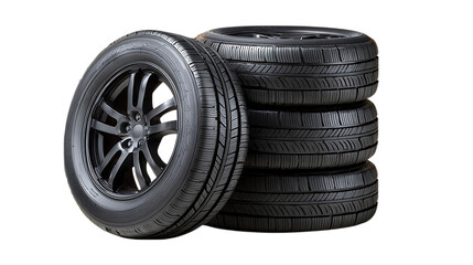 Stack of car tires and single alloy wheel isolated on transparent background