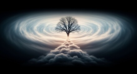 Mystical tree ascending through swirling cosmic clouds