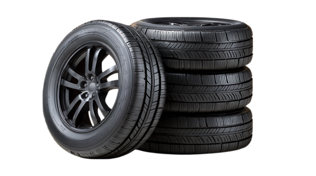 Stack of car tires and single alloy wheel isolated on transparent background