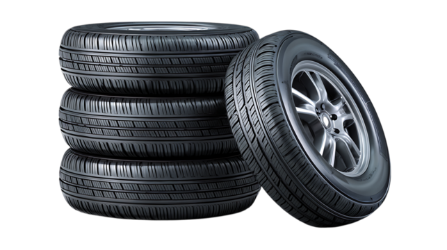 Stack of car tires and one wheel isolated on transparent background
