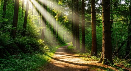 Fototapeta premium Sunlight streams through a lush green forest onto a winding path