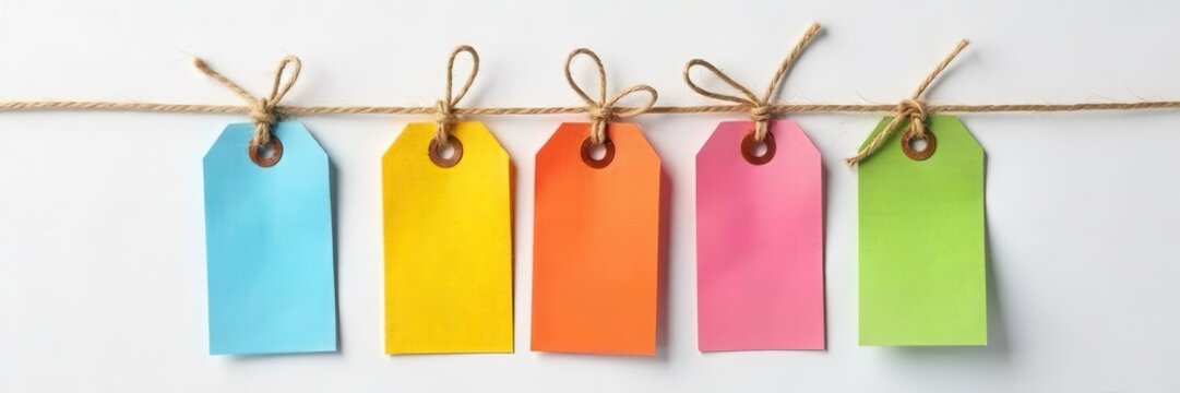 Colorful label tags tied with twine on a neutral background , accessories, supplies