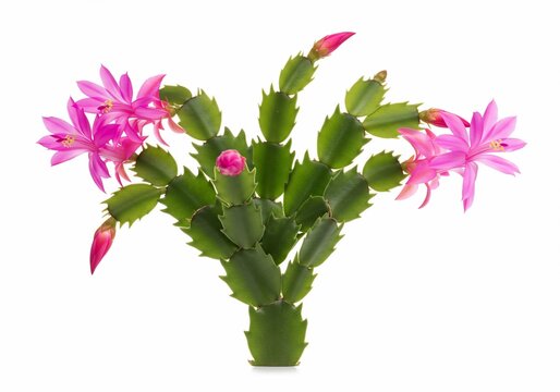 Blooming Schlumbergera: Pink Flowers and Green Segments on a White Background