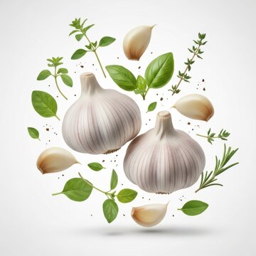 Fresh garlic bulbs and cloves with herbs, isolated on white background